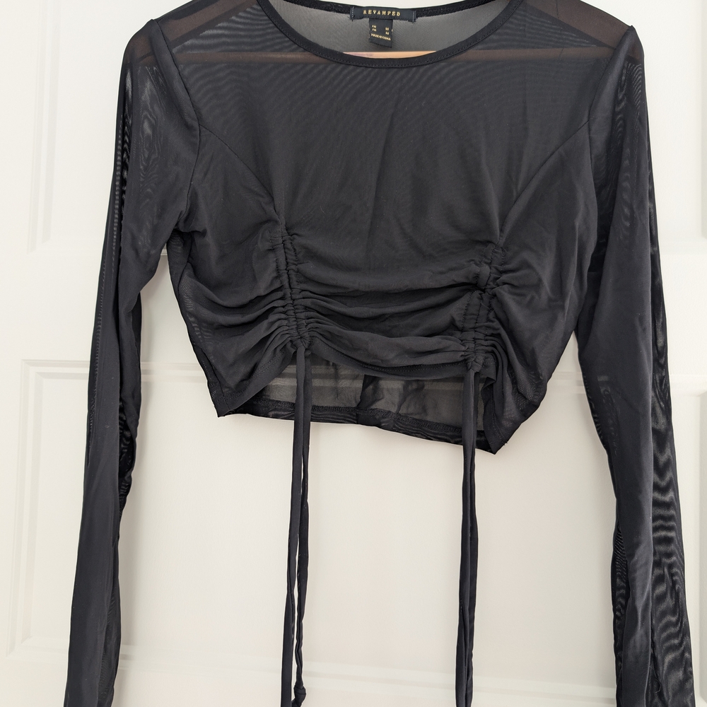 Revamped Black Mesh Ruched Blouse